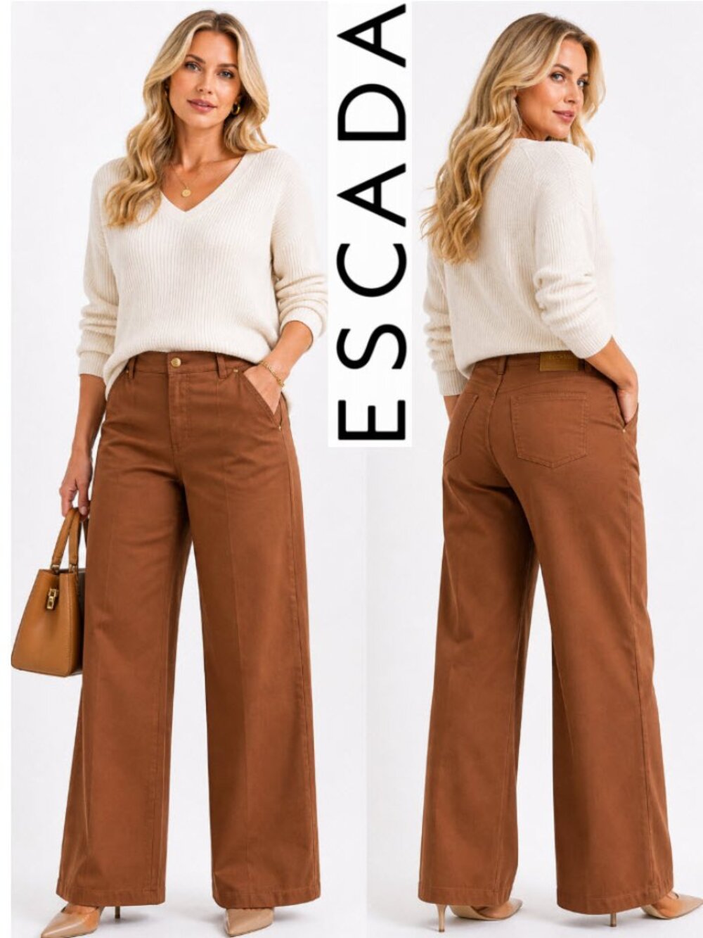 Escada Wide Leg Cotton Stretch Pants Brown High Rise Trouser Size 14